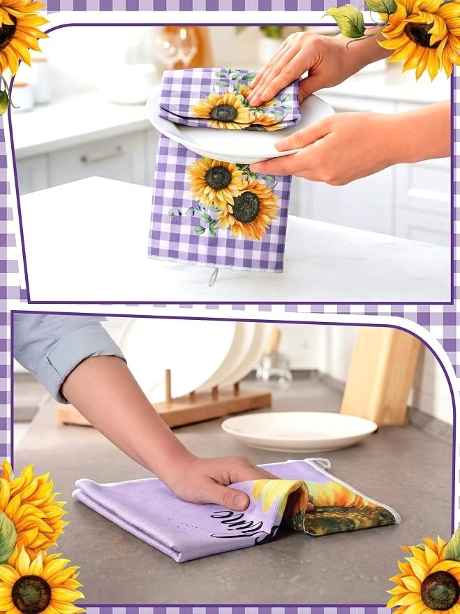 4 Pcs Sunflower Kitchen Towels Purple Plaid Hand Dish Towels | Absorbent Fast Drying Tea Dishcloths Sunshine Lavender Decor Housewarming Gift for Cooking Bathroom Kitchen Decor
