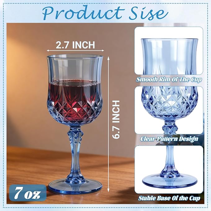 24Pack Plastic Wine Glasses, 7oz Vintage Goblets for Wedding | Unbreakable Crystal Style Reusable Stemware, Elegant Blue Drinking Glass for Party Anniversary & Holiday Celebration