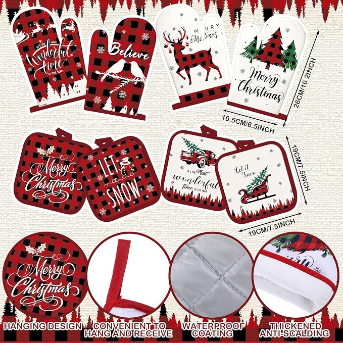 SiliFine 12 Pcs Christmas Buffalo Plaid Kitchen Accessories Set Red Black Check Pot Holders Reindeer Oven Mitts Xmas Tree Kitchen Towels for Christmas Home Decorations, Cooking Baking Holiday Gifts
