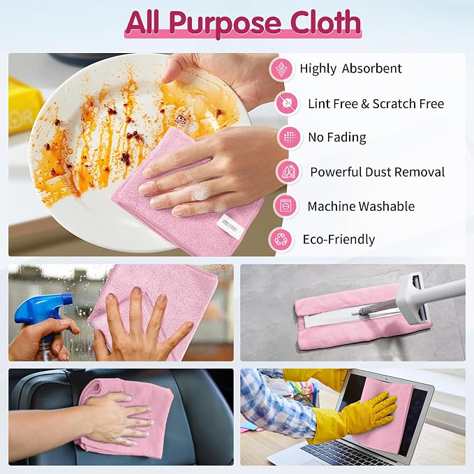 Pink Microfiber Cleaning Cloth -Pack of 8, Highly Absorbent Cleaning Rags, 16"X12" All Purpose Cleaning Towels for Housekeeping, Kitchen, Car, Lint Free and Reusable Microfiber Towels