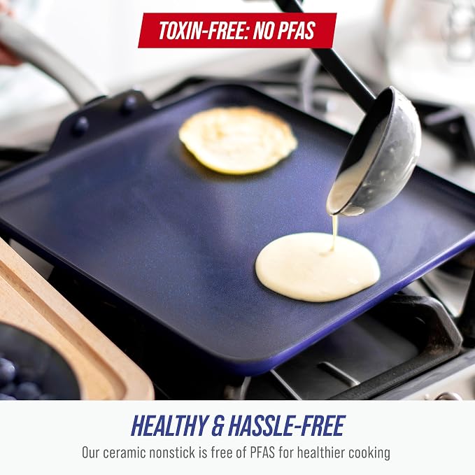 Blue Diamond 11" Diamond Infused Ceramic Nonstick Square Griddle Pan, Blue | PFAS-Free Ceramic Nonstick, Dishwasher & Oven Safe, Stay Cool Handle, Durable Metal Utensil Safe, Pancake Pan