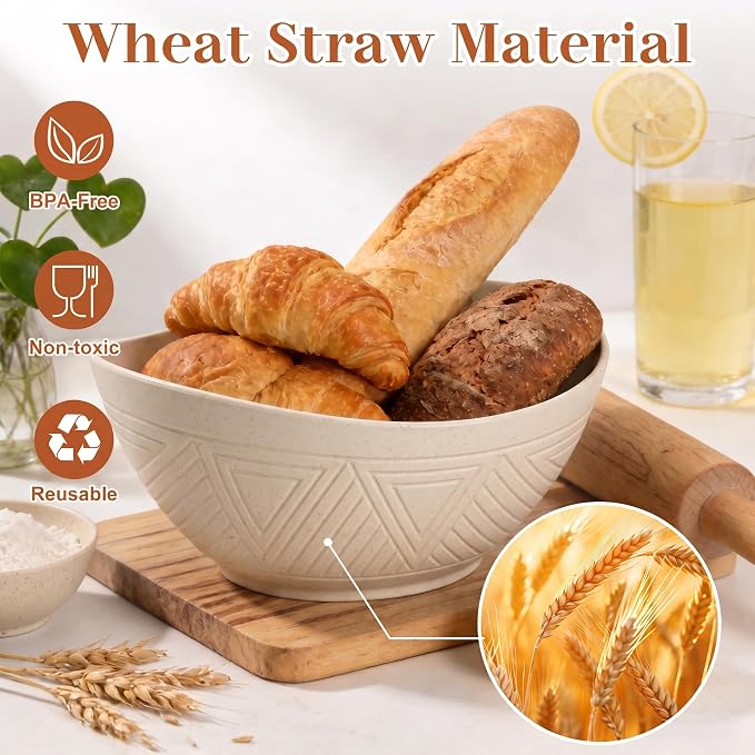 Large Bowls 65 OZ, Wheat Straw Bowls Set of 4, Unbreakable Salad Bowl, Microwave & Dishwasher Safe Big Bowl, Kitchen Serving Bowl for Salad, Cereal, Soup and Oatmeal (Beige)