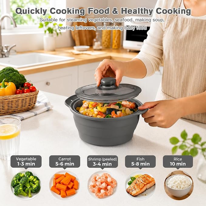 42oz Silicone Microwave Steamer For Cooking, Collapsible Food Steamer For Vegetable, Seafood, Soup, Leftovers, Rice Cooker, BPA Free Small Steam Pot with Handle & Lid, Dishwasher Safe (Grey), 1 Pack