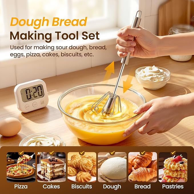 Danish Dough Whisk & Egg Whisk Set for Sourdough Bread, 12 inch | Bread Dough Mixer for Sourdough, Pizza, Batter, Eggs & Cream, Heavy Duty Baking Whisks, Kitchen Gadgets