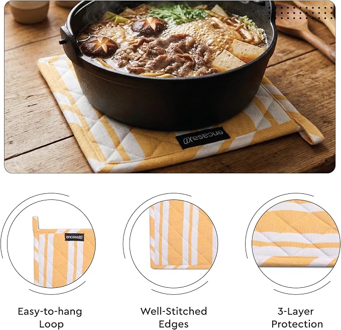 Encasa XO Oven Mitts and Pot Holders Set, Heat Resistant Cotton | Franca Yellow Stripes, Diamond Quilted | Non-Slip Grip | Microwave & Oven Safe | Hanging Loop | Machine Washable | Set of 2