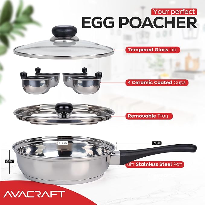 AVACRAFT Stainless Steel Egg Poacher Pan with 4 Egg Cups | Food-Grade Stainless Steel, Tempered Glass Lid, 4 Egg Cups, Induction Compatible, Dishwasher Safe, Multipurpose Pan