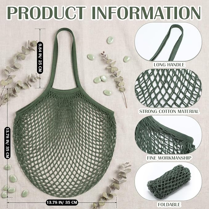 Woanger 24 Pcs Green Long Handle Reusable Cotton Mesh Produce Shopping Bags Washable Grocery Net Portable Fruit and Vegetable Cotton String Bags Net Tote Organizer