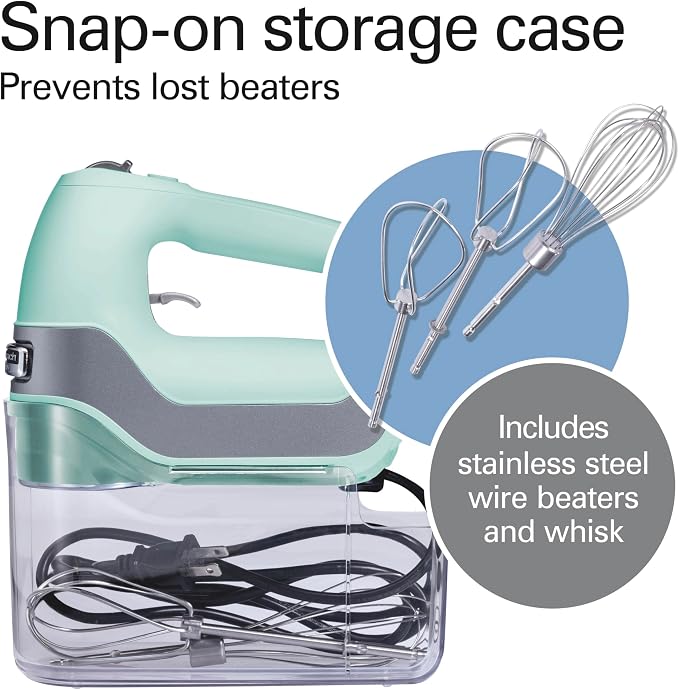 Hamilton Beach Professional 5-Speed Electric Hand Mixer with Snap-On Storage Case, QuickBurst, Stainless Steel Twisted Wire Beaters and Whisk, Mint (62658) | High-Performance DC Motor | Slow Start | Snap-On Storage Case | Stainless Steel Beaters & Whis...