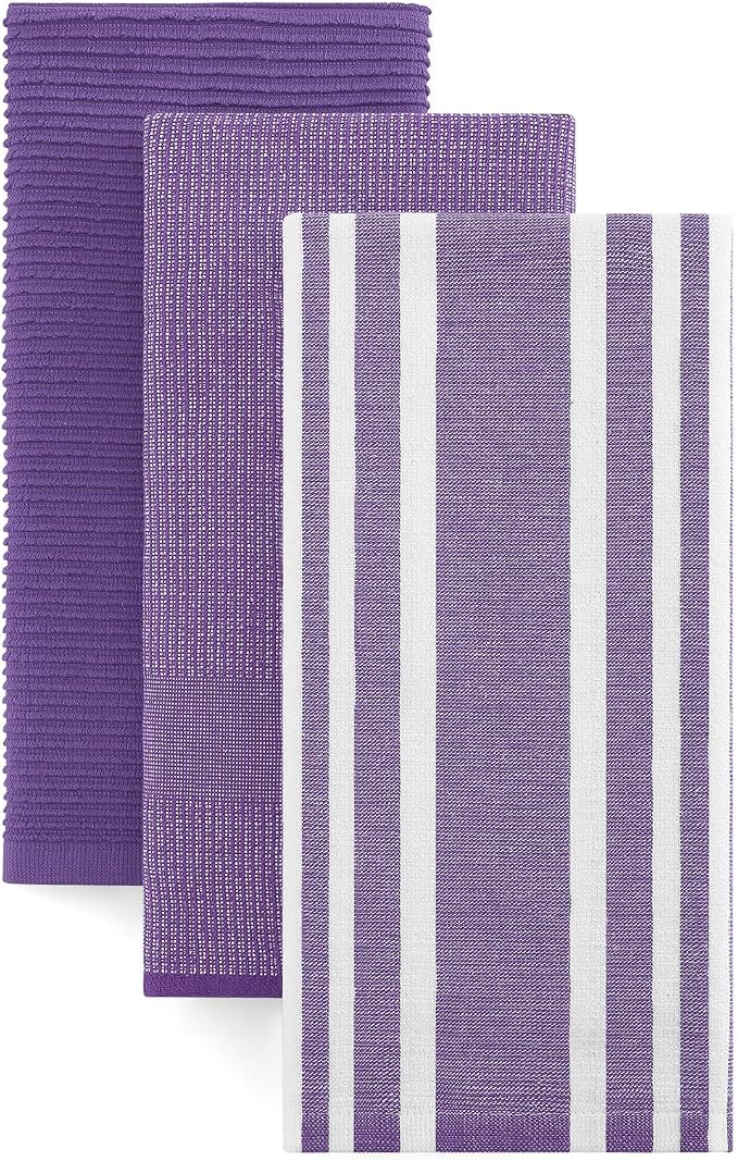 Homaxy Cotton 380 GSM Premium Kitchen Towels, 18"x 28", 3 Pack, Purple | Soft and Absorbent Terry Dish Towels, Multipurpose Tea Towel Set with Hanging Loop, 3 Styles Kitchen Hand Towels