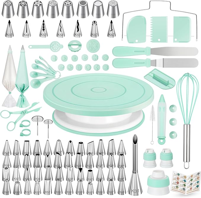 Kootek 158 Cake Decorating Kit Baking Supplies Tools for Beginners & Pros | Cake Stand Turntable, Icing Piping Tips, Disposable Reusable Pastry Bag, Spatulas, Video Tutorial, Pattern Chart