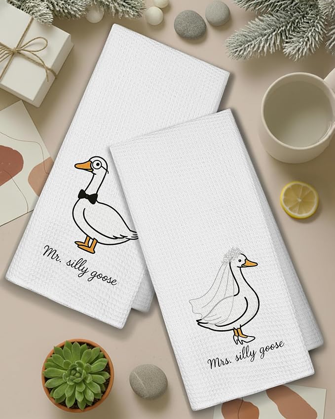 Funny Goose Mr and Mrs Kitchen Towels, Wedding Gifts for Couples Newlyweds Dish Tea Towels for Kitchen Decor, Just Married Gifts Decorative Hand Towel for Bathroom, 16x24 Inch Set of 2