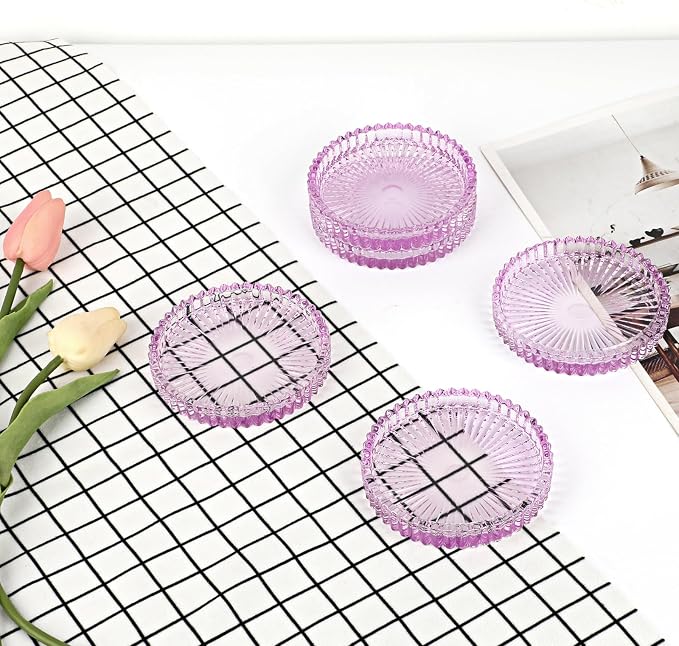 Modern Clear Coaster Set of 5- Glass Coasters for Drinks, Clear Purple | Crystal Coasters Round Cup Mat Coffee Table Decor for Office, Kitchen, Bar, Dining Room, Living Room, Patio