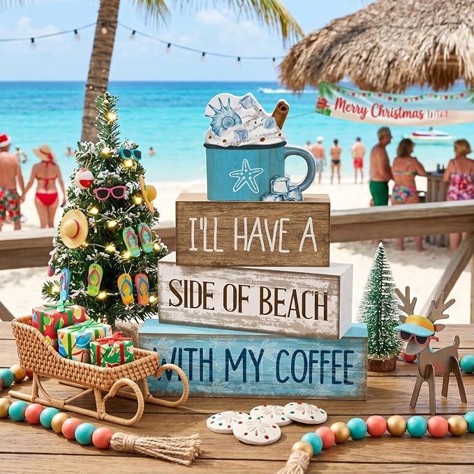 Lineshading 4 Pcs Beach Coastal Wooden Block Signs with Coffee Cup Summer | Blue Rustic Wood Signs Starfish Mug, Tiered Tray Coffee Bar Table Decor, Beachy Nautical Centerpieces for Home Office