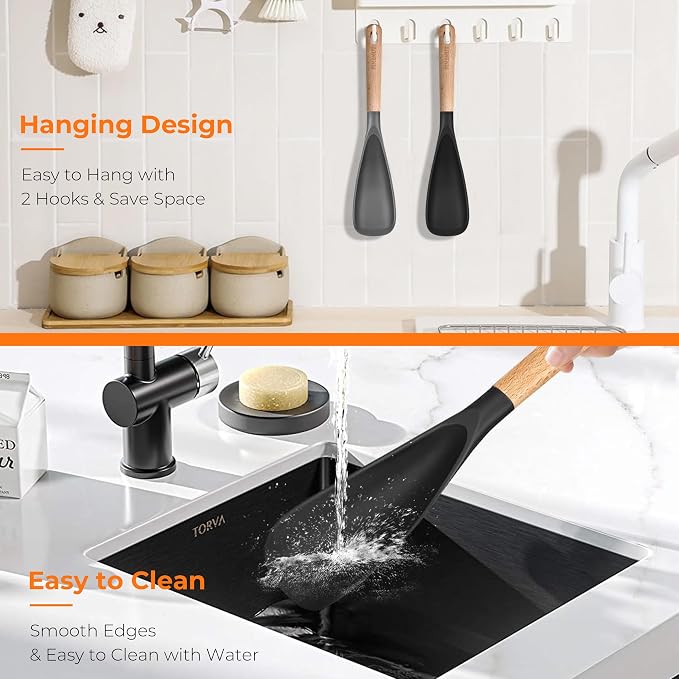 2-Pack Silicone Cooking Spoons with Wood Handle & S-Hooks - Heat Resistant 446°F Spoonula for Nonstick Cookware - BPA Free Multifunction Spatula Spoon for Mixing, Scooping&Serving