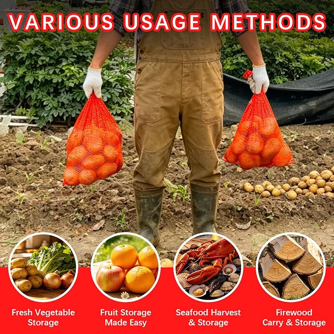16 Pack 20x14in Red Mesh Onion Bags with Drawstring, 35 lb Reusable Fresh Produce Onion Storage Sacks For Onions Potato Garlic Citrus Crawfish and Firewood, Washable Breathable Net Bags For Vegetable | Breathable