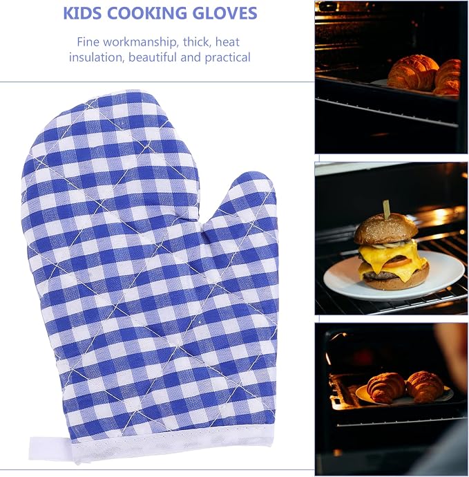 2Pcs Oven Mitts for Play Kitchen, Anti- Scald Gloves Microwave Oven Gloves Kitchen Mitts for Safe Baking Cooking (Dark Blue Checkered)