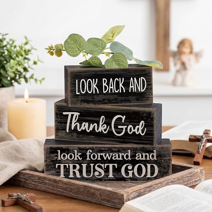 Lineshading 4 Pcs Christian Wooden Block Signs Farmhouse Centerpiece | Rustic Tiered Tray Decor with Bible Verse, Religious Home Signs for Tables, Faith-inspired Wood Blocks Gift