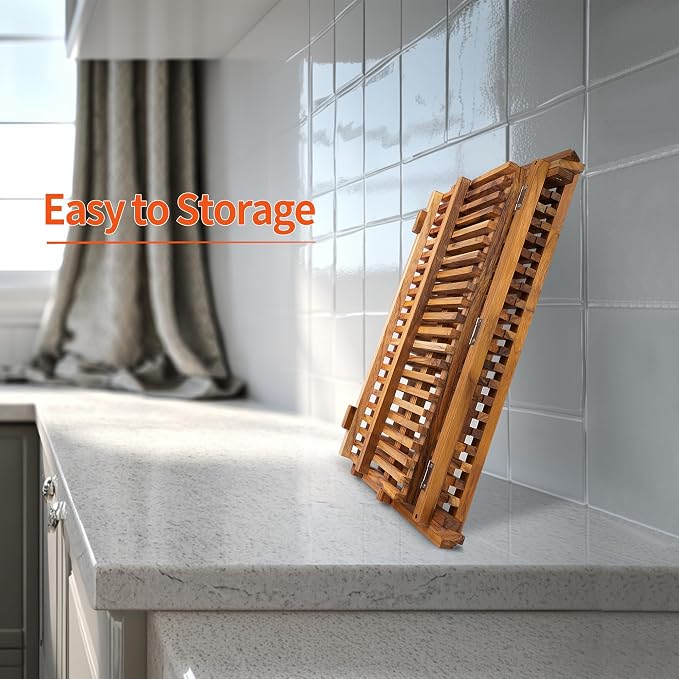Utoplike Large Teak Dish Drying Rack, Wood Collapsible Organizer for Plates | 3 Tier Kitchen Dish Draine for Countertop, for Pasta Plates, Cups, Pots