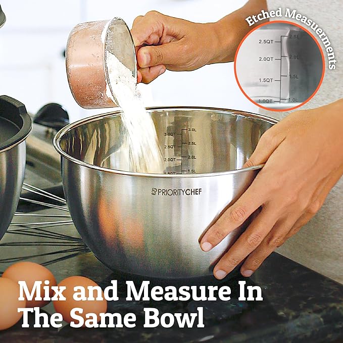 Priority Chef Premium Mixing Bowls With Lids Set, Airtight Lids, Thicker Stainless Steel, Non-Slip Base, 5 Nesting Steel Bowls for Kitchen, Large Prep Metal Bowl Set 1.5/2/3/4/5 Qt, Black