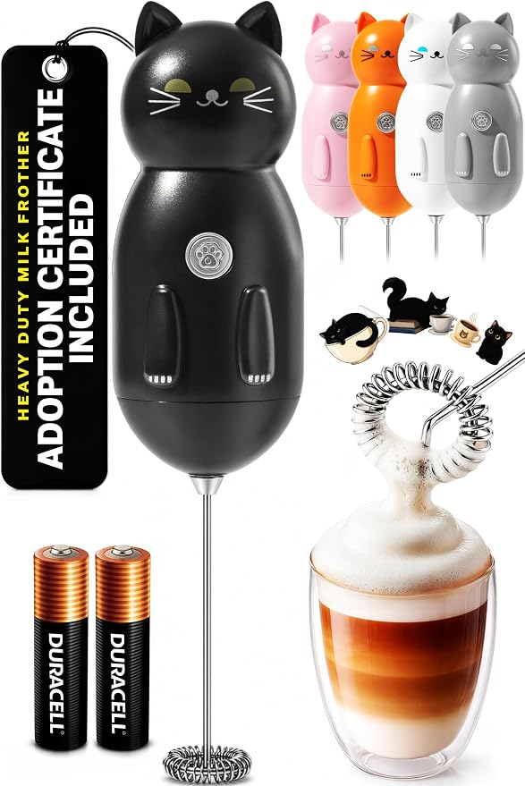 Cat-Shaped Frother Mixer – Cutesy Frother, Meet Your New Frothing Buddy Midnight The Cat, Adoption Papers and Stickers Included, Purrr-fect for Lattes, Cappuccino & Matcha – Black