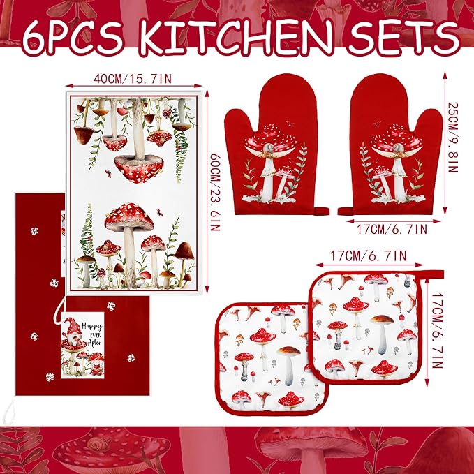 Bencailor 6 Pcs Mushroom Kitchen Towels Oven Mitts and Pot Holders Decorative Dish Tea Towels Non Slip Heat Resistant Oven Gloves for Spring Summer Home Cooking Dish Baking BBQ, Red, Black