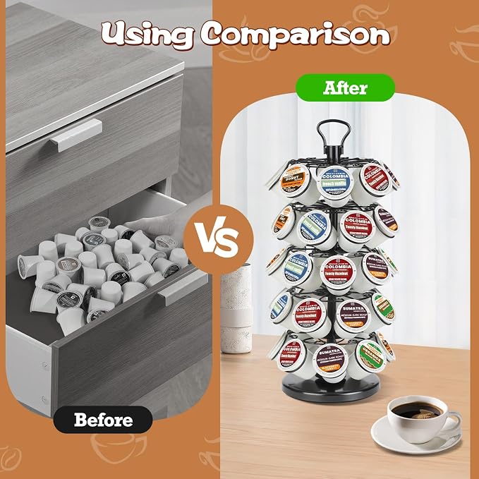 K Cup Holder, Coffee Pods Holder Storage Organizer Stand,40 Pods Capacity | K Cup Organizer,360°Rotating K Cup Carousel,Space-Saving for Countertop,Easy-Grip Top Handle,K Cups Holder Easy Assembly