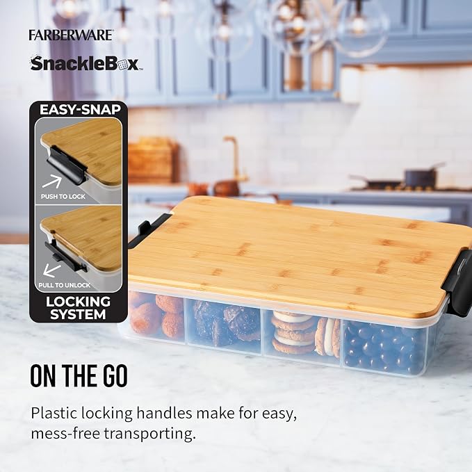 Farberware Snacklebox 11x16 Inch Bamboo Cutting Board Lid with 11-Compartment PP Snack Box, Locking Handles for Travel - Charcuterie Board with Lid for Picnics, Road Trips, and Outdoor Entertaining