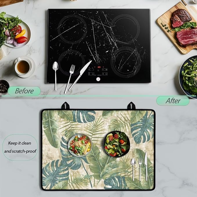 Tropical Leaf Print Electric Stove Insulation Pad Heat & Stain Resistant Dish Drying Mat for Kitchen 30x21 Inch Cooktop Stove Guard Protector with Anti-Slip Grip Extra Large Mat