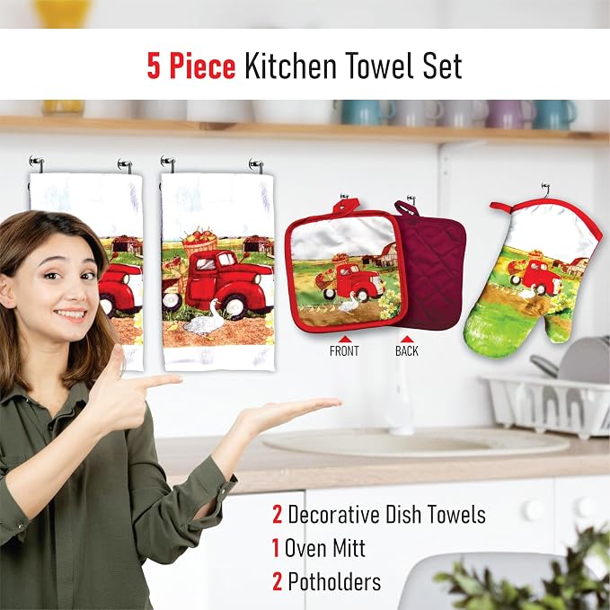 Lobyn Value Pack Vintage Red Truck Design, 5 Piece Set | Kitchen Towel Set with 2 Decorative Dish Towels (25 X15), 1 Oven Mitt (11 X 7) and 2 Potholders (6.5 X 6.5)