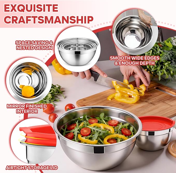 E-far Mixing Bowls with Lids Set, Stainless Steel Cooking Salad Bowls, Red | 10-Piece Metal Nesting Bowls with Airtight Lid for Kitchen Storage, Baking & Prepping, Dishwasher Safe, 0.7/1.5/2.1/3/4.6 QT