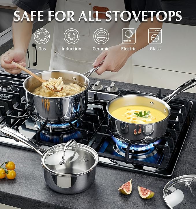 KOCH SYSTEME CS Triply Stainless Steel Saucepan, 3 Quart Stainless Steel Pot with lid, Large Cooking Pot, 3QT Sauce Pan with Stay Cool Handle, Induction Compatible Pot, Oven Safe 600°F