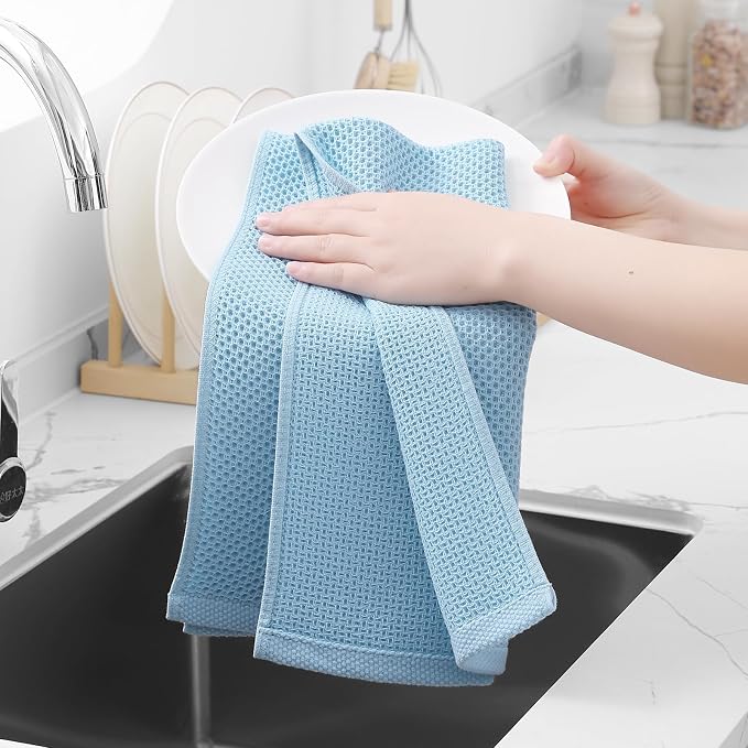 Homaxy 100% Cotton Waffle Weave Kitchen Dish Towels 4-Pack, Sky Blue | 13 x 28 Inches, Ultra Soft Absorbent Dish Towels, Quick Drying Cleaning Towels