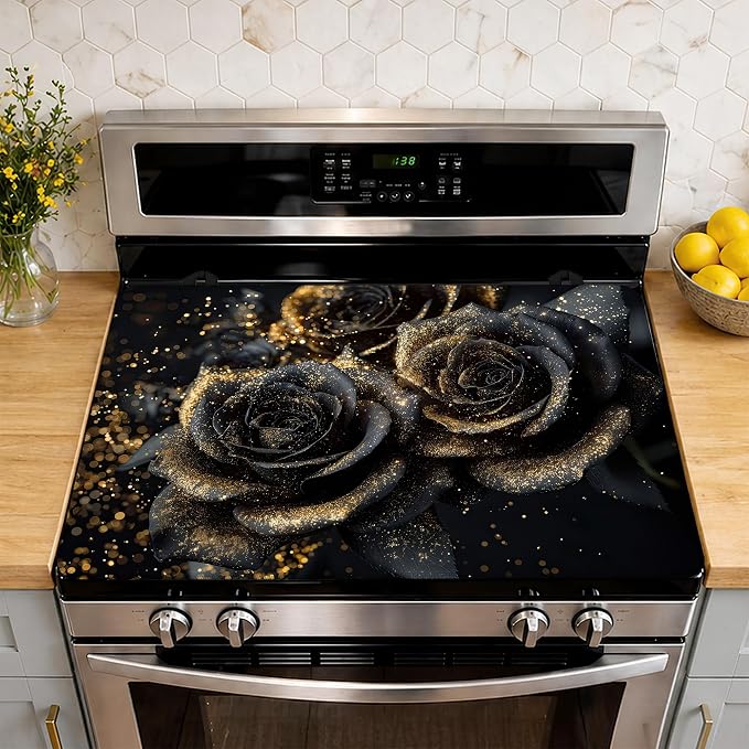 Black Gold Rose Stove Top Cover for Electric Stove 28.5"x 20.5",Heat Resistant Glass Top Stove Cover Protector,Glass Cooktop Covers, Kitchen Flat Electric Stove Top Covers