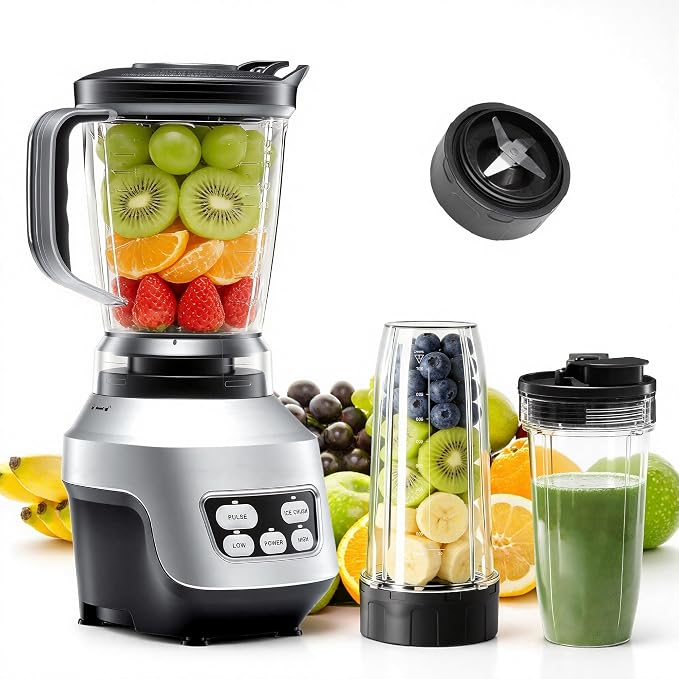 NEWBULIG Smoothie Blender for Kitchen with 6 Blades, Personal Blender for Smoothies with 24 34 60 oz BPA-Free Cups, Large Capacity, Portable and Easy Clean, for Ice Crush, Shakes, Sauces, Silver