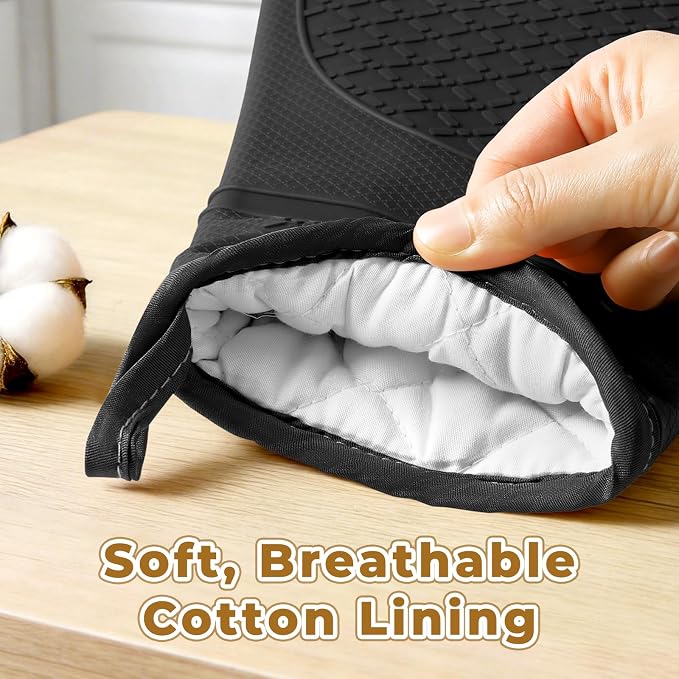 Heat Resistant Silicone Oven Mitts, Up to 500°F Protection for Baking & Grilling, 1 Pair (Black, Standard Thickness)
