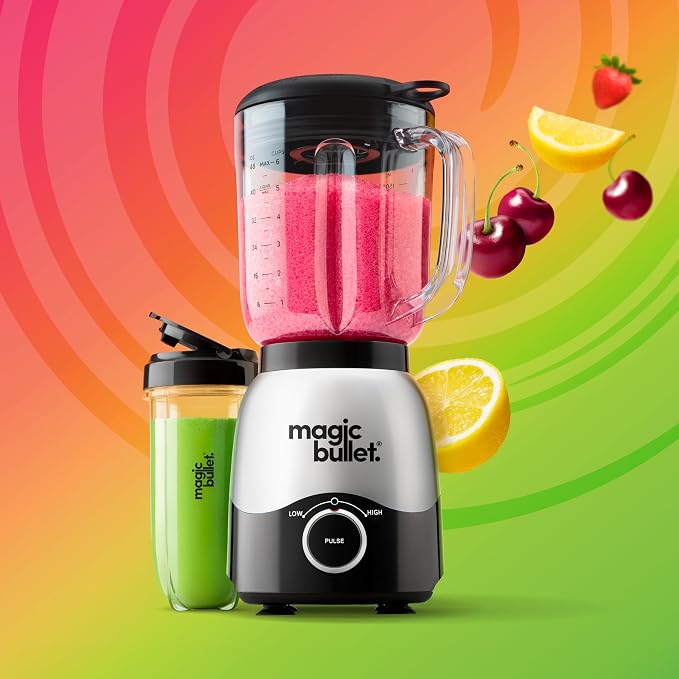 magic bullet Combo Blender, 600W, 48oz Pitcher, 16oz Cup with To-Go Lid, Easy Cleaning, Cross Blade, for Smoothies, Sauces, Shakes, Salsa, Hot Blends, Silver, MBF50200