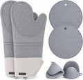 Silicone Oven Mitts and Pot Holders 6 Piece Set, Heat Resistant 500°F Extra Long Oven Gloves with Cotton Lining, Non-Slip BPA-Free Hot Pads and Pinch Mitts for Baking BBQ Cooking (Gray)