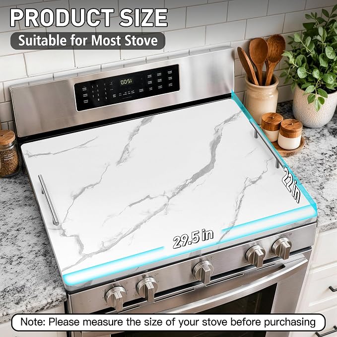 Noodle Board Stove Cover with Handles, Stove Top Covers for Gas Burners and Electric Stove, Wood Stove Cover Board Decorative Serving Tray Kitchen Sink Cover for Counter Space (White Marble)