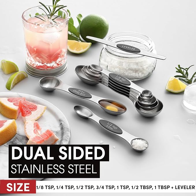 Spring Chef Stainless Steel Magnetic Measuring Spoons Set of 8, Gray | Stackable Metal Teaspoon & Tablespoon Measuring Spoons with Leveler for Dry & Liquid Ingredients, Dual Sided, Dishwasher Safe