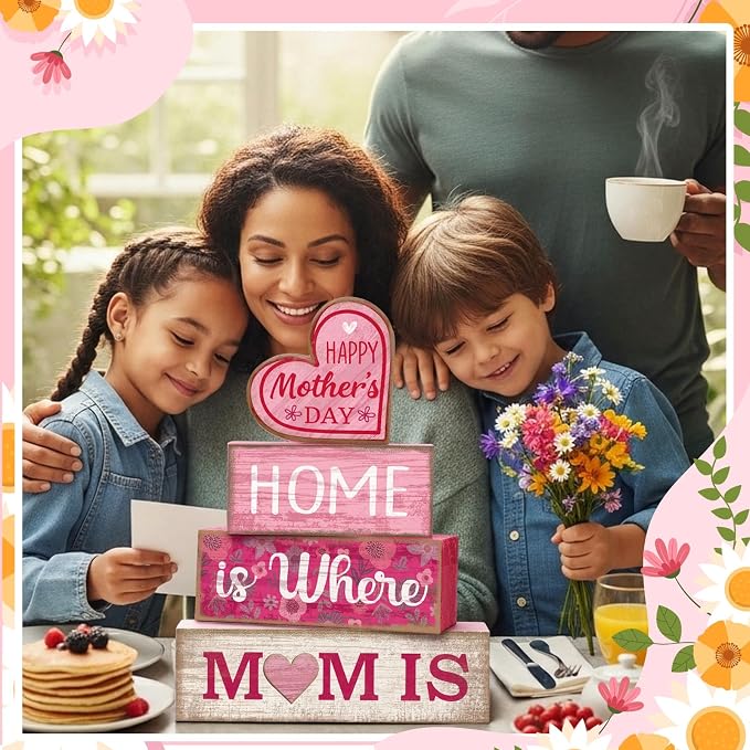 Lineshading 4 Pcs Wooden Block Signs Mothers Day Farmhouse Tabletop Decor | Stackable Tiered Tray Decor for Mom, Rustic Table Centerpiece Gift, Floral Wooden Pieces, Kitchen Shelf Farmhouse Accent