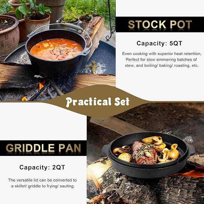 Joyfair Pre-seasoned Cast Iron Camp Dutch Oven with Accessories, 5QT Pot | Open Fire Camping Cookware with 2QT Skillet Lid For Outdoor Campfire Cooking - Baking Sourdough Bread, Oven Safe