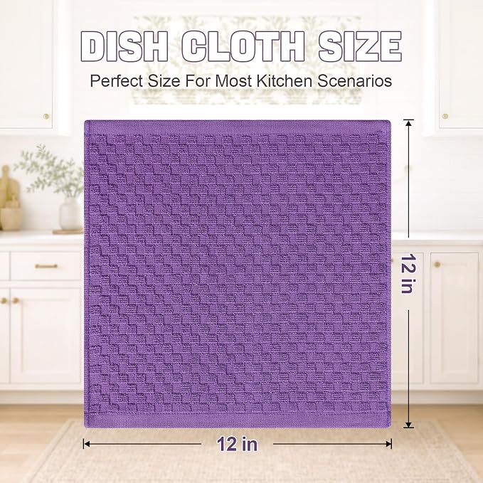 Homaxy 100% Cotton Terry Dish Cloths, 12"x12", 12-Pack, Purple | Ultra Soft Absorbent Dish Towels with Hanging Loop, Pineapple Grid Designed