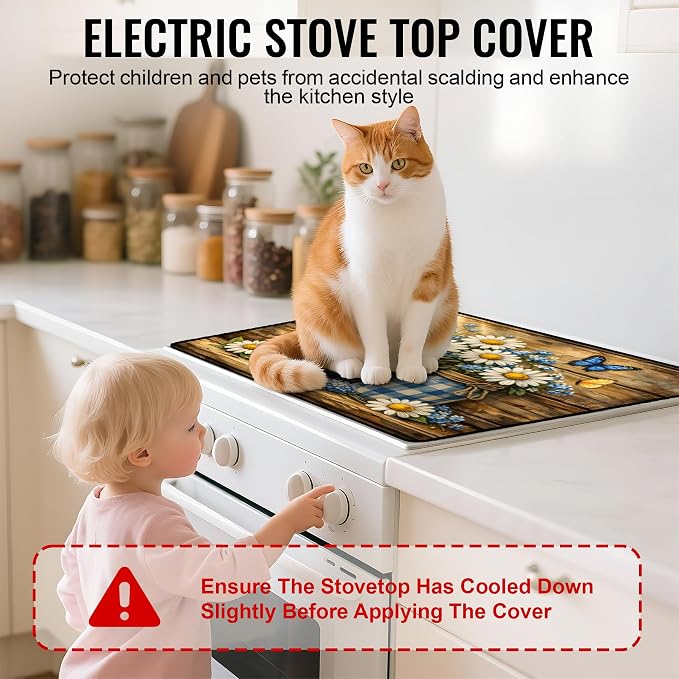 NYZE Stove Top Cover for Electric/Glass Stove, 28x20 Inch Stovetop Cover Flat Top Protector Dish Drying Mat for Kitchen (Blue Grid Daisy Jars)