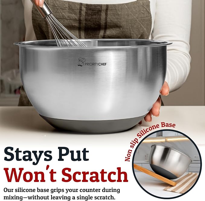 Stainless Steel Mixing Bowls with Lids Set, Metal Nesting Bowls with Airtight Lids, Graters, Non-Slip Base & Measurement Marks, Includes Utensil Set for Prep, Baking & Storage, Grey