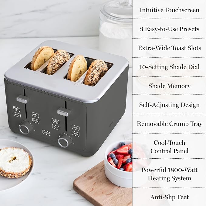 Martha Stewart 4-Slice Toaster, 3 Presets & 10 Shade Settings, Caviar Gray