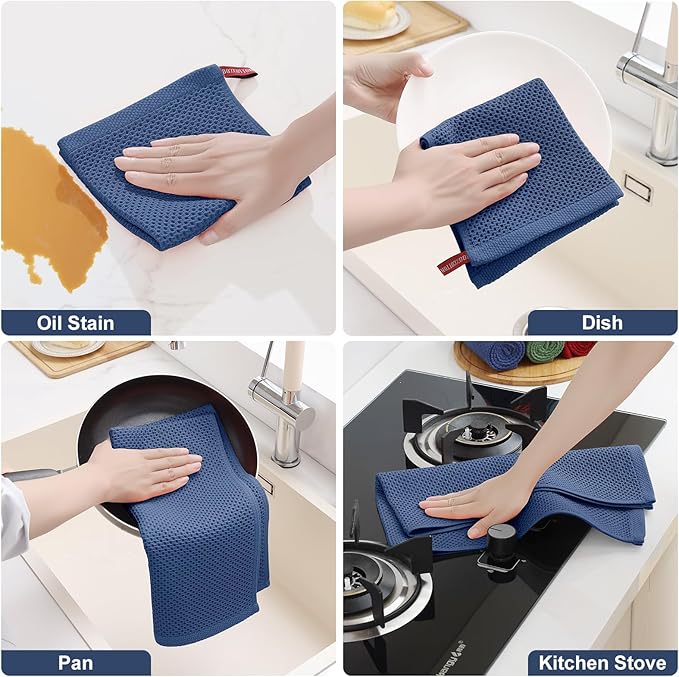 Homaxy 10 Pack 100% Cotton Kitchen Towels and Dishcloths Set, Navy Blue | 12 x 12 Inches and 13 x 28 Inches Kitchen Towels Set, Ultra Soft Absorbent Dish Cloths for Washing Dishes