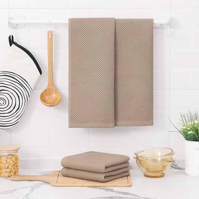Kitinjoy 100% Cotton Waffle 8-Pack Kitchen Towels, 13" x 28", Tan | Super Soft, Ultra-Absorbent, Fast Drying, lightweight, Quick Drying Kitchen Hand Towels