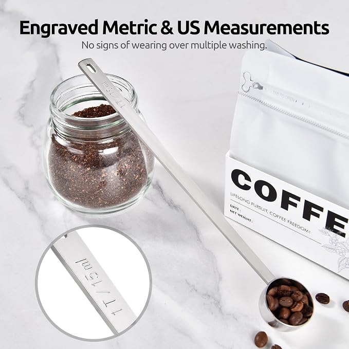 U-Taste Coffee Scoop 1 Tablespoon: 18/8 Stainless Steel Measuring Scooper for Ground Coffee, Bean, Powder, Espresso, 8.5in Extra Long Handle Metal Meaure Spoon for Canister, Jar (1Tbsp/15ml, Silver) | 18/8 Stainless Steel Tablespoon Scoop, Long Metal C...