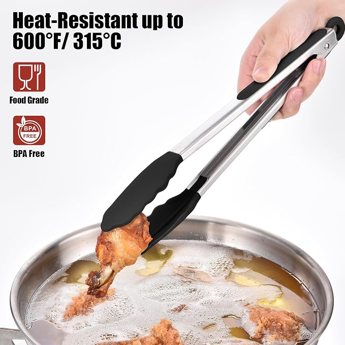 Doosu Kitchen Tongs with Silicone Tips for Cooking Serving (9+12in, Black) | 600°F Heat Resistant Food Tong, Heavy Duty Stainless Steel Locking Tong for BBQ, Grilling Steak, Salad, Toast, Pasta