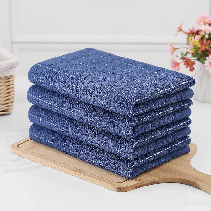 Homaxy 100% Cotton Terry Kitchen Towels, Large 4 Pack, Navy Blue | Ultra Soft and Absorbent Dish Towels for Kitchen, Suitable for Drying and Washing Dishes